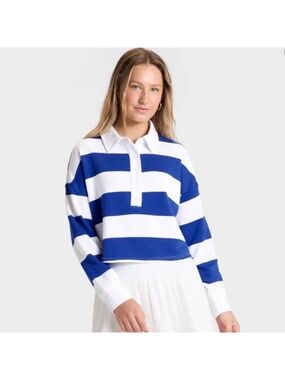 JoyLab - Women's Game Day Striped Cropped Long Sleeve Polo T-Shirt Medium